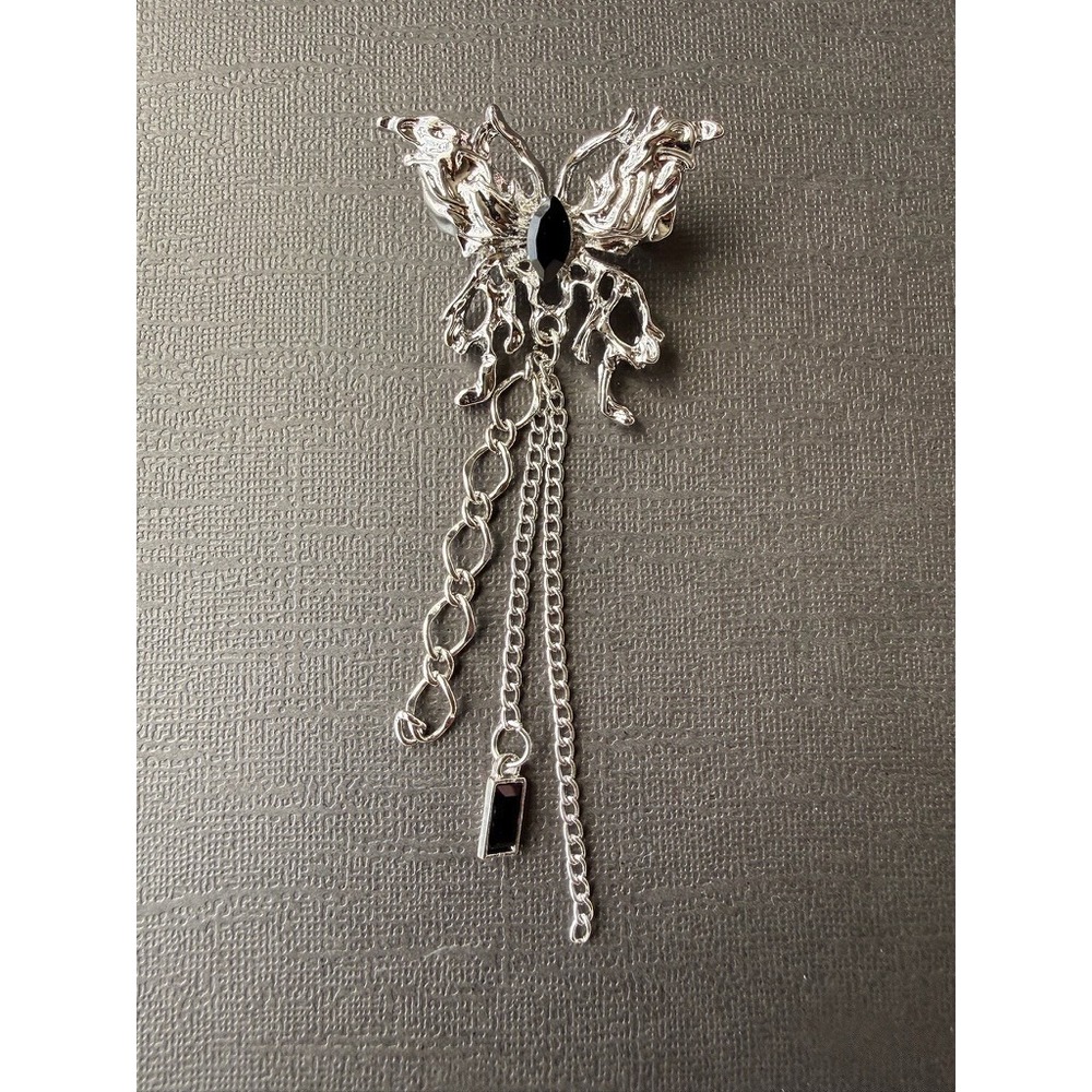 Gothic Butterfly Brooch Pin Black Crystal Silver Tone Chain Dangle Jewelry